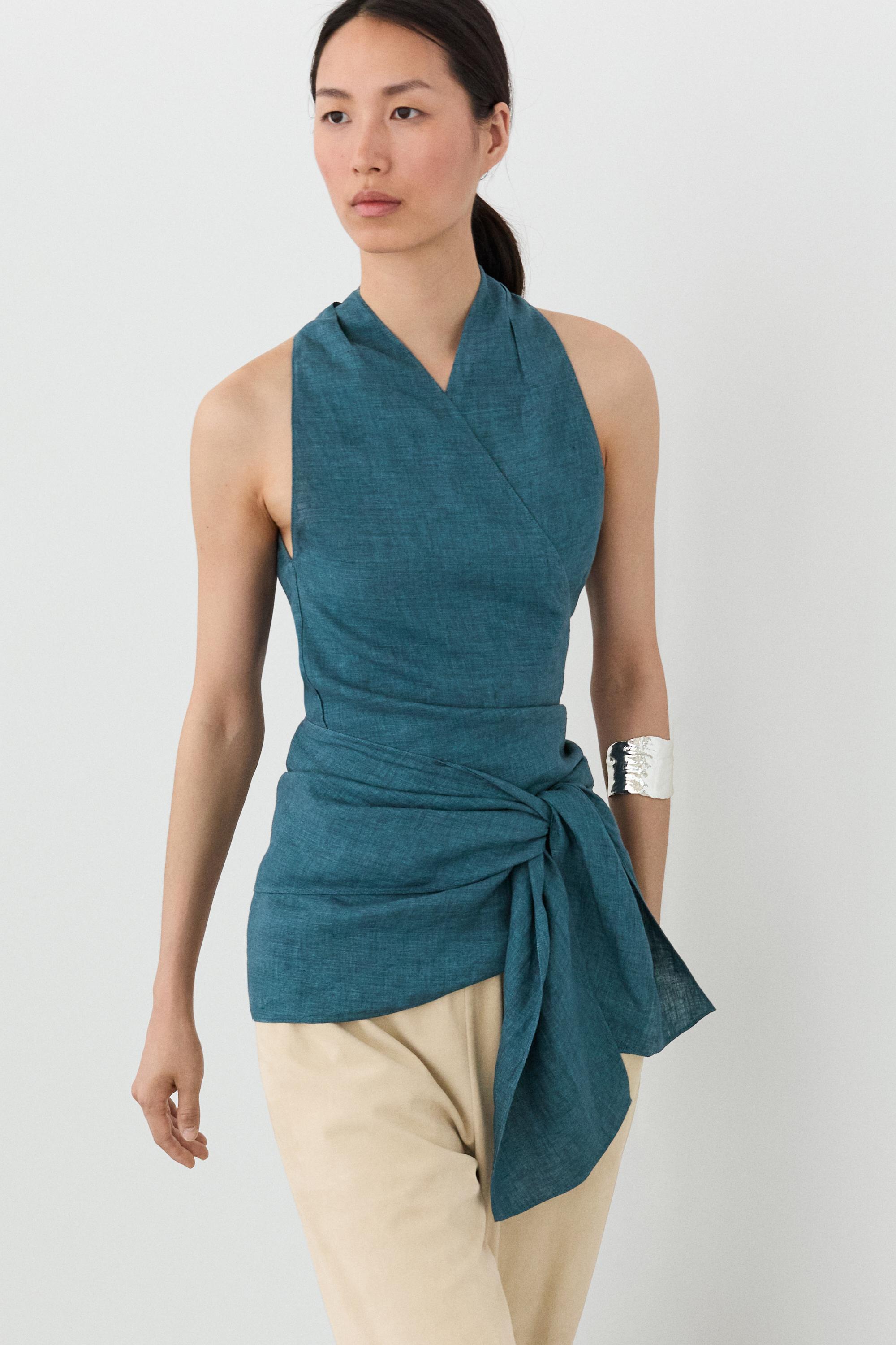 100% linen surplice top with tie detail